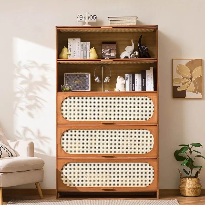 Modern Bamboo Bookcase with Polymer Rattan Cabinet Doors Imagen secundaria del producto