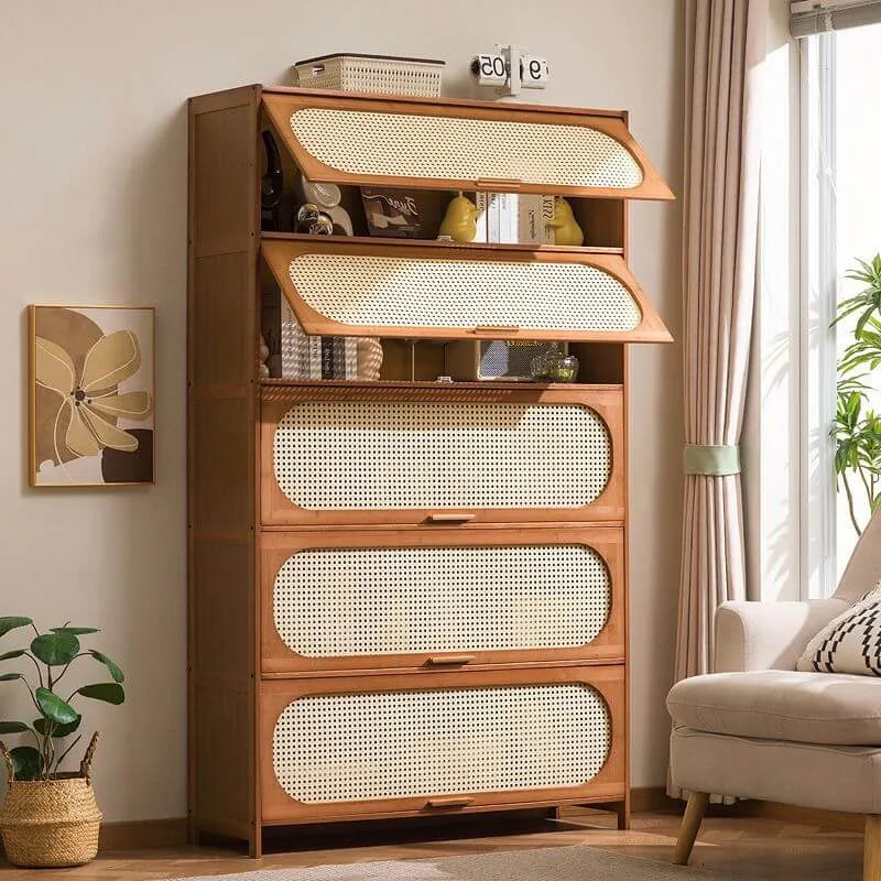Modern Bamboo Bookcase with Polymer Rattan Cabinet Doors Main Product Image Imagen principal del producto