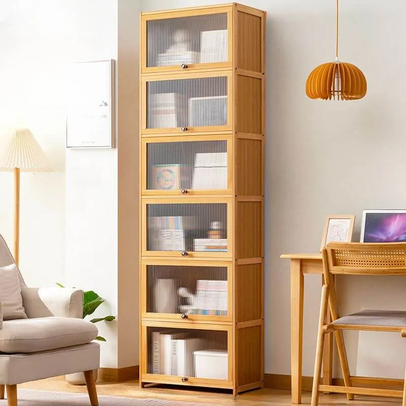 Modern Bamboo Vertical Bookcase with Polymer Sliding Doors