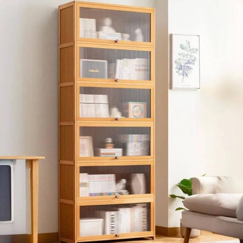 Modern Bamboo Vertical Bookcase with Polymer Sliding Doors Imagen secundaria del producto