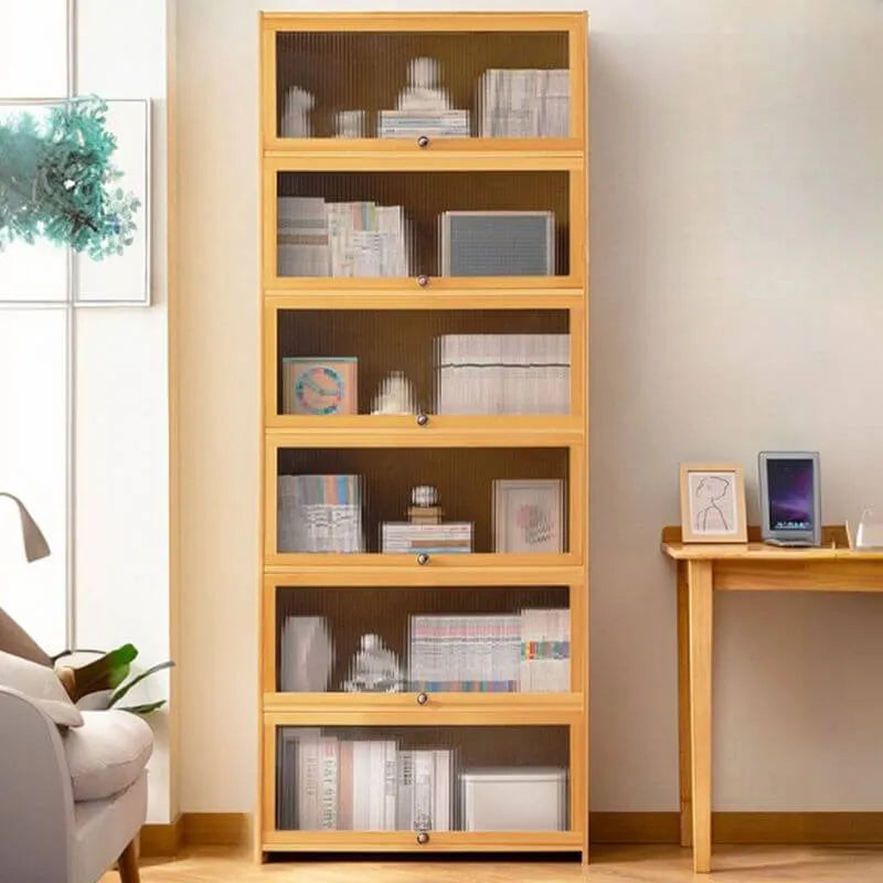 Modern Bamboo Vertical Bookcase with Polymer Sliding Doors