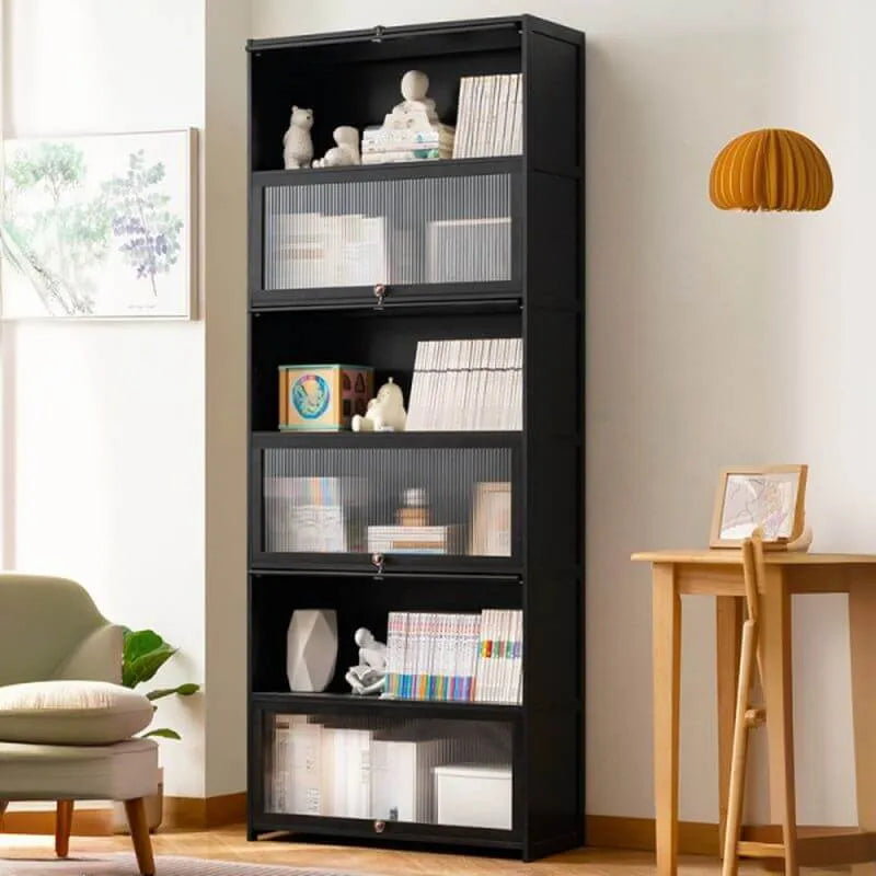 Modern Bamboo Vertical Bookcase with Polymer Sliding Doors Main Product Image Imagen principal del producto