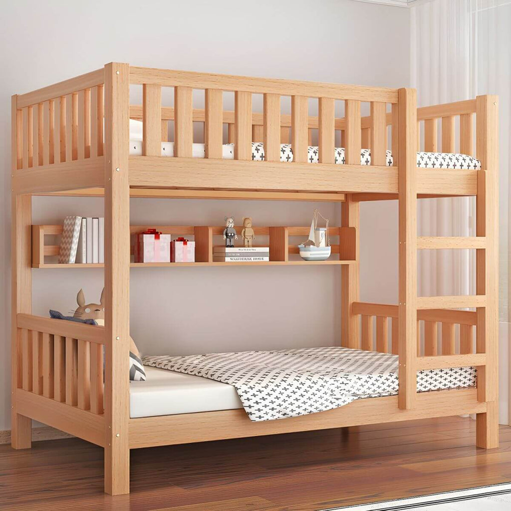 Modern Beech Wood Kids Bunk Bed with Ladder and Storage