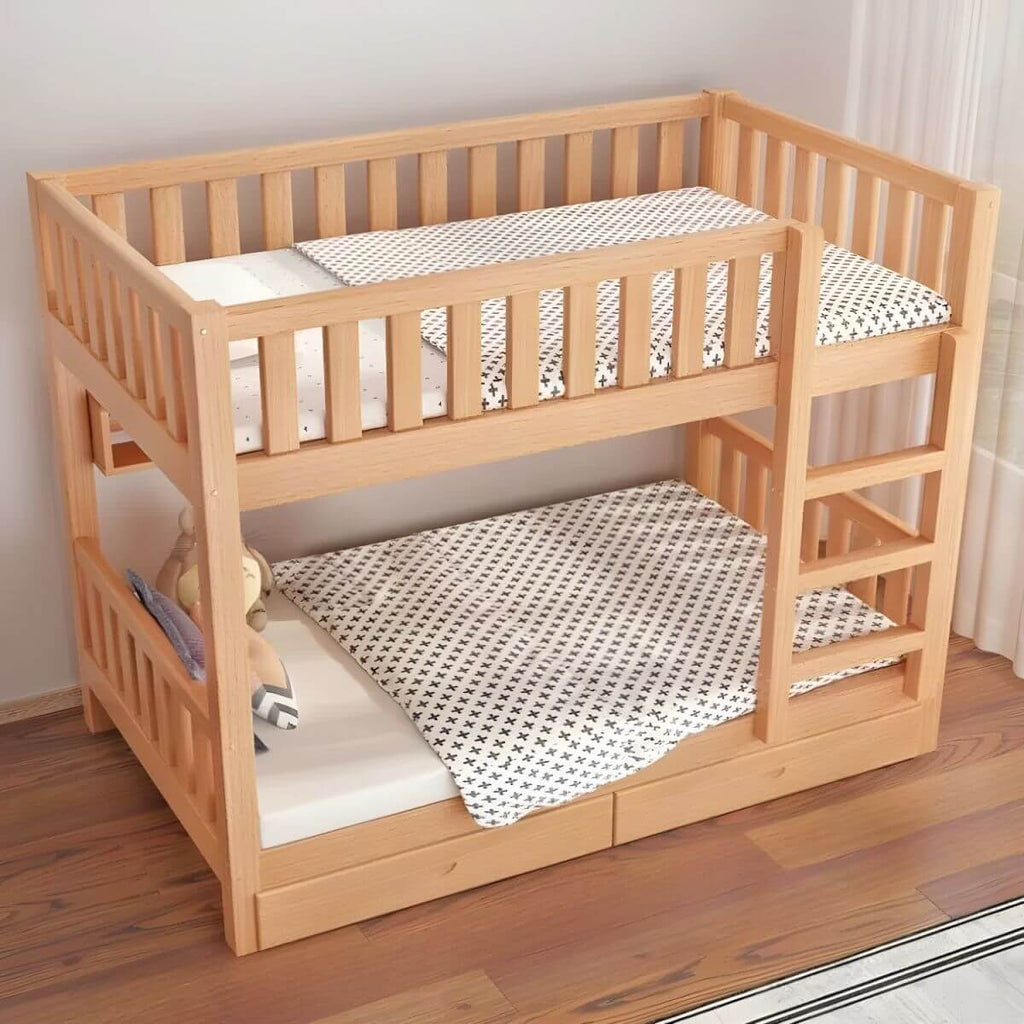 Modern Beech Wood Kids Bunk Bed with Ladder and Storage