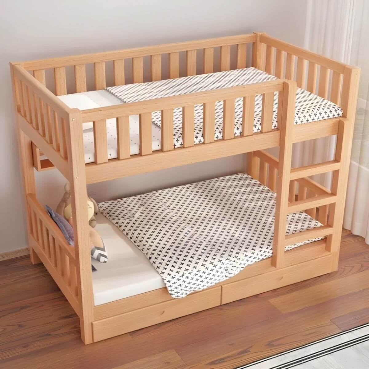Modern Beech Wood Kids Bunk Bed with Ladder and Storage