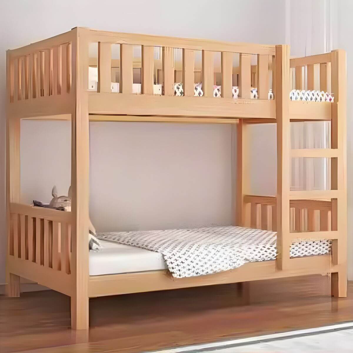 Modern Beech Wood Kids Bunk Bed with Ladder and Storage