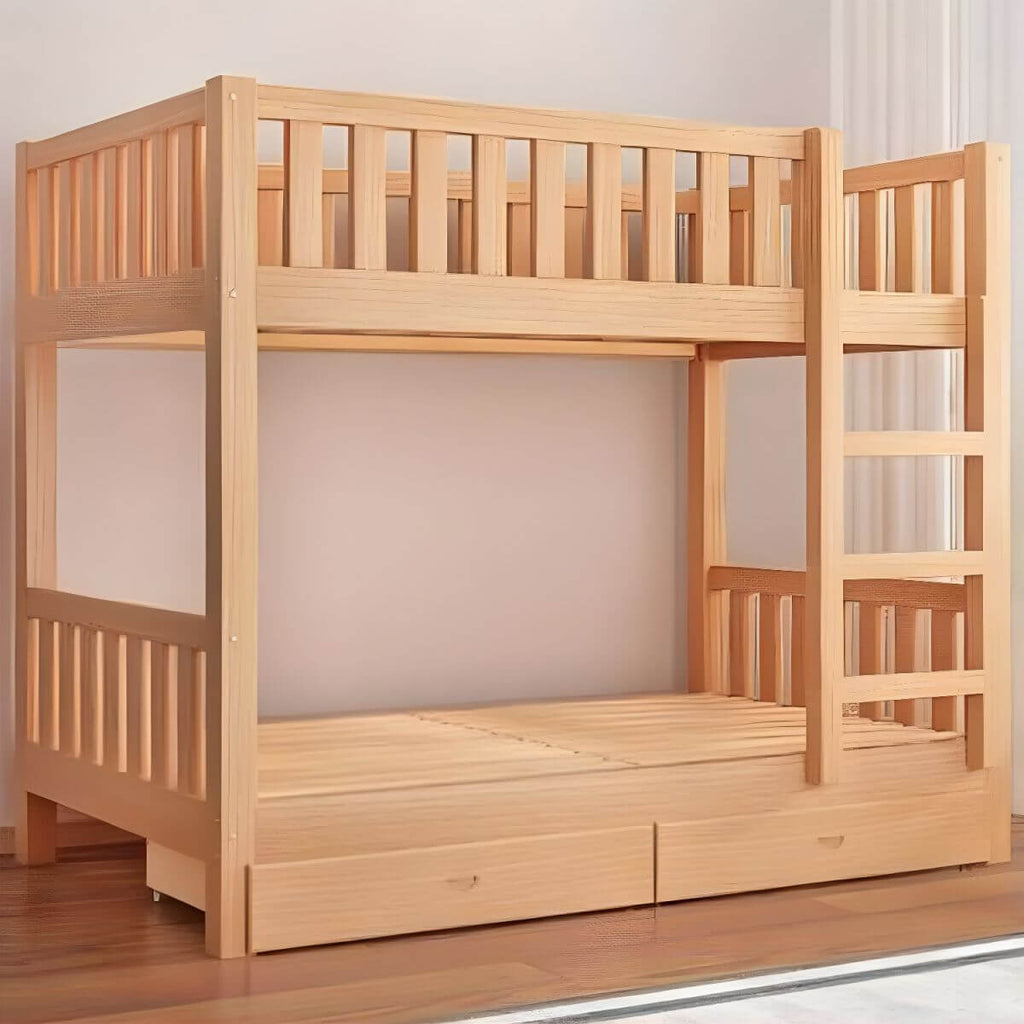 Modern Beech Wood Kids Bunk Bed with Ladder and Storage