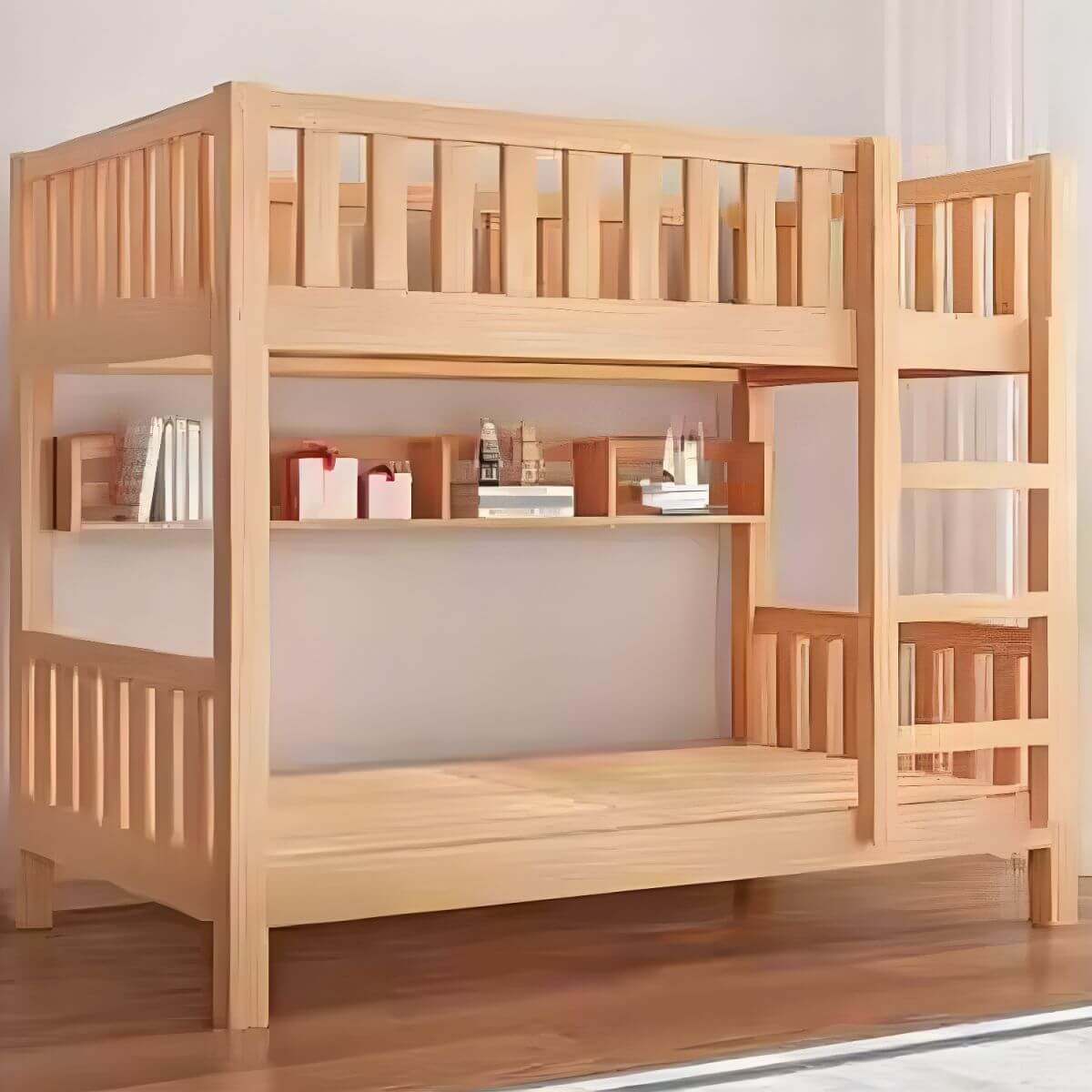 Modern Beech Wood Kids Bunk Bed with Ladder and Storage