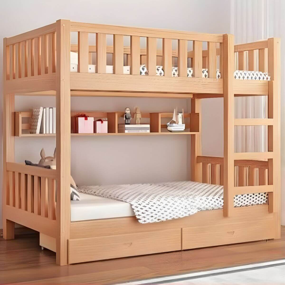 Modern Beech Wood Kids Bunk Bed with Ladder and Storage