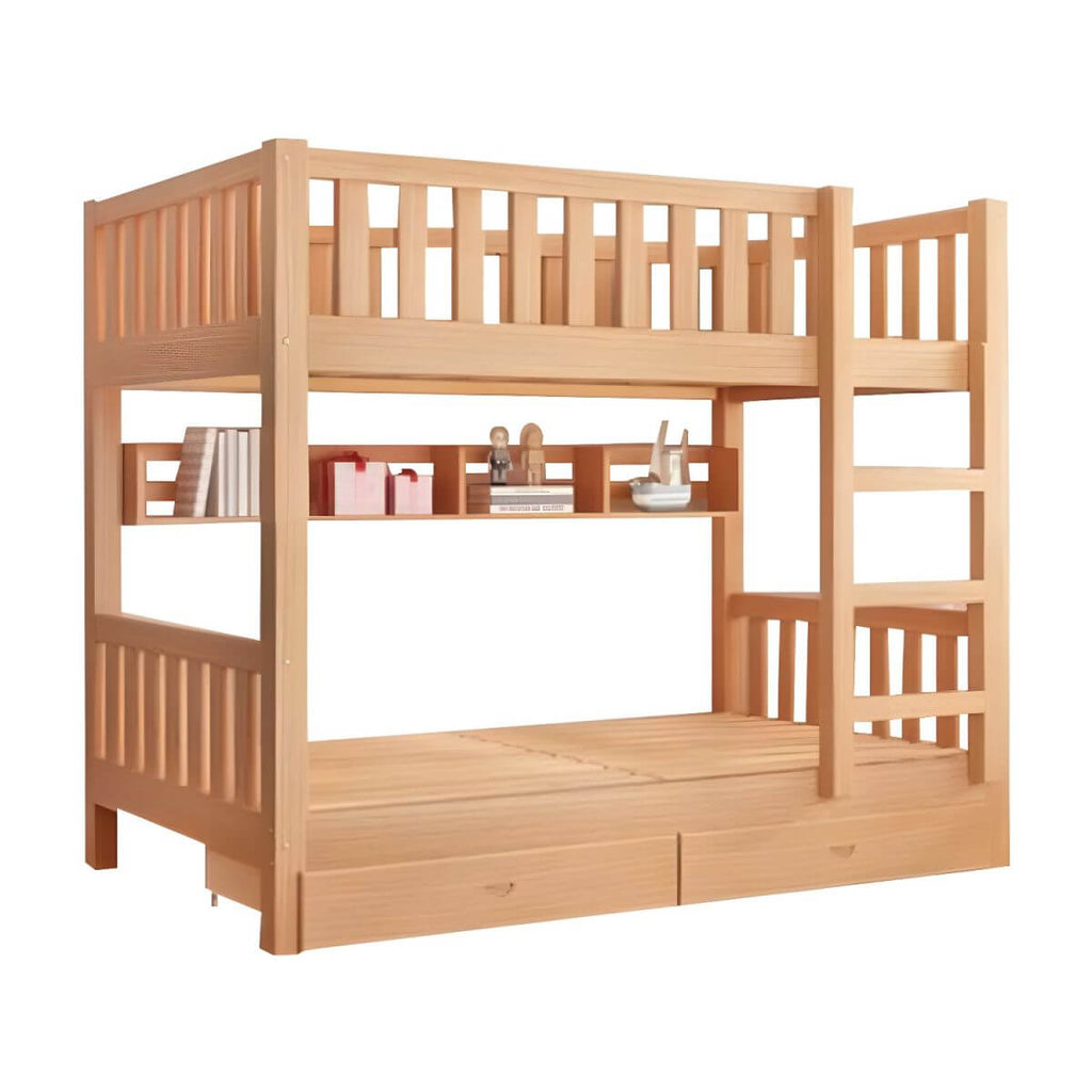 Modern Beech Wood Kids Bunk Bed with Ladder and Storage