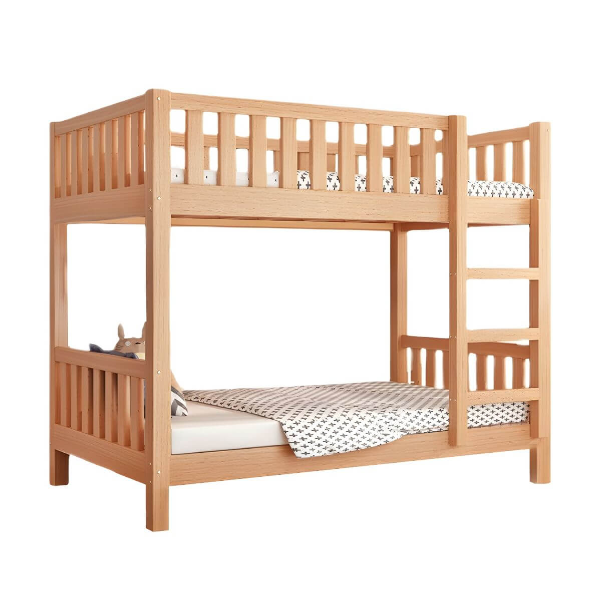 Modern Beech Wood Kids Bunk Bed with Ladder and Storage