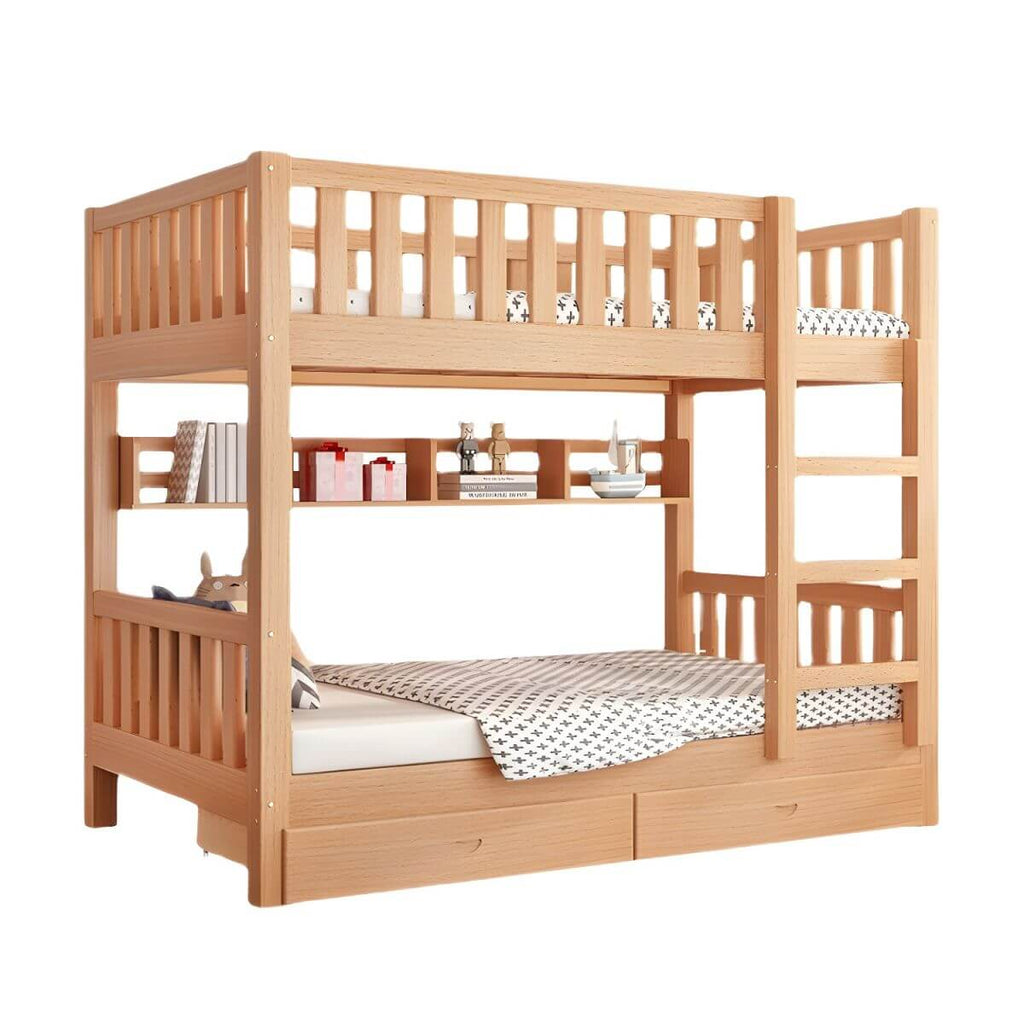 Modern Beech Wood Kids Bunk Bed with Ladder and Storage