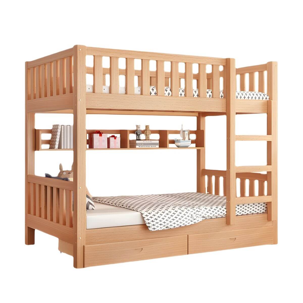 Modern Beech Wood Kids Bunk Bed with Ladder and Storage