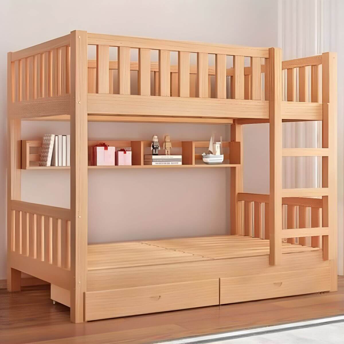 Modern Beech Wood Kids Bunk Bed with Ladder and Storage