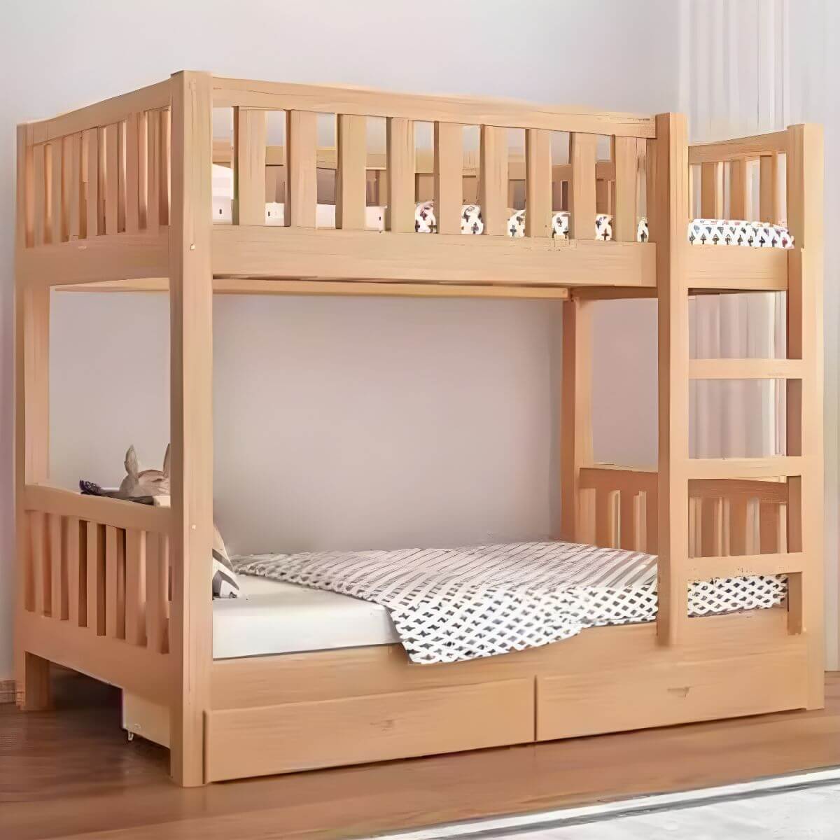 Modern Beech Wood Kids Bunk Bed with Ladder and Storage