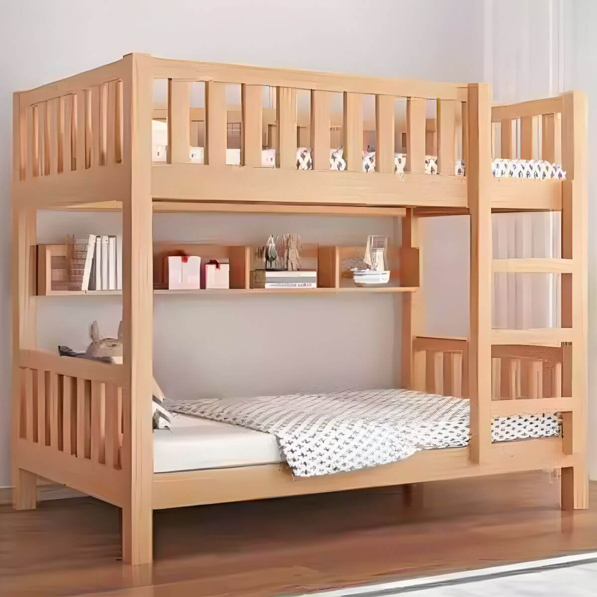 Modern Beech Wood Kids Bunk Bed with Ladder and Storage