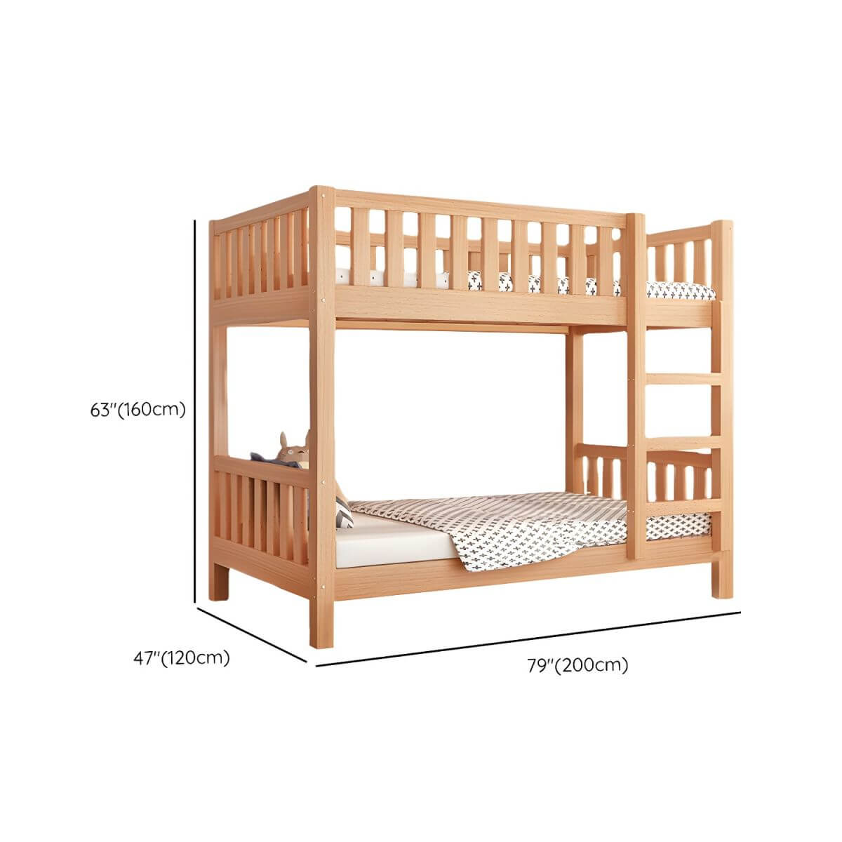Modern Beech Wood Kids Bunk Bed with Ladder and Storage Dimensions