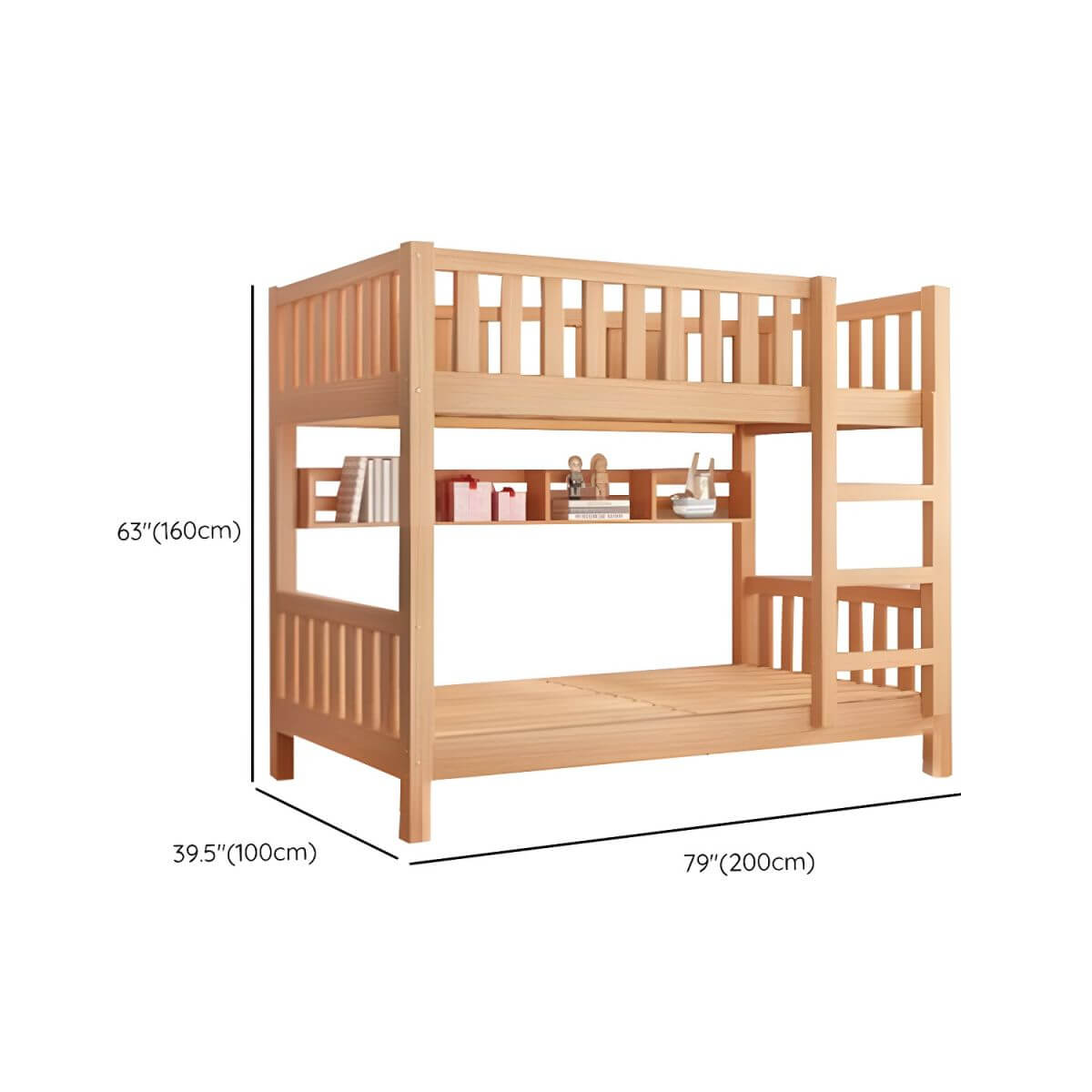 Modern Beech Wood Kids Bunk Bed with Ladder and Storage Dimensions
