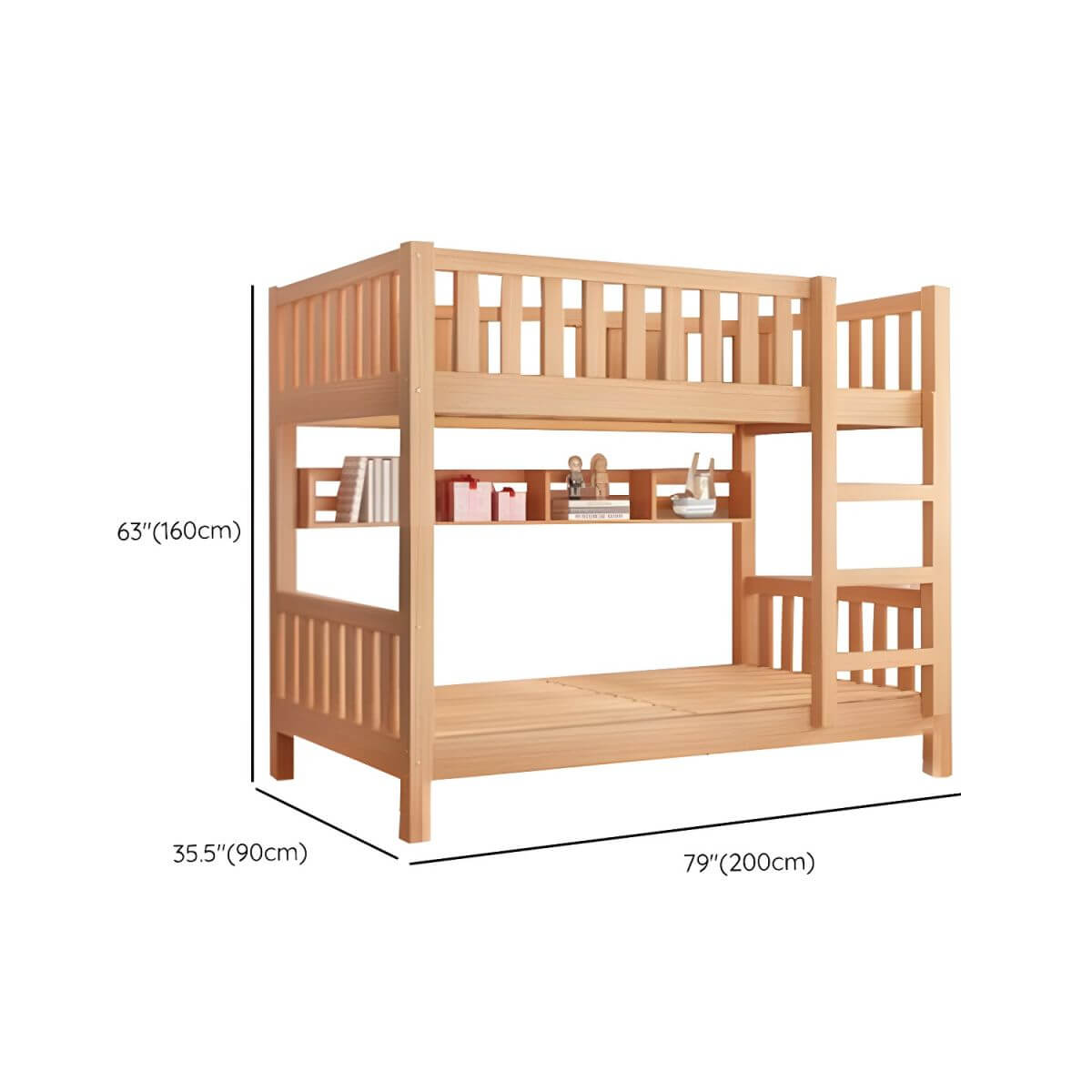 Modern Beech Wood Kids Bunk Bed with Ladder and Storage Dimensions