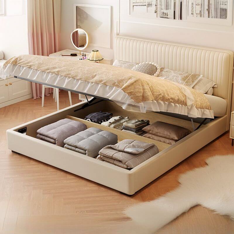 Modern Beige Genuine Leather Storage Bed Series Imagen secundaria del producto