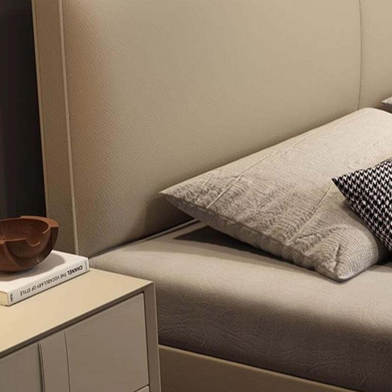 Modern Beige Panel Bed with Solid Wood Slats