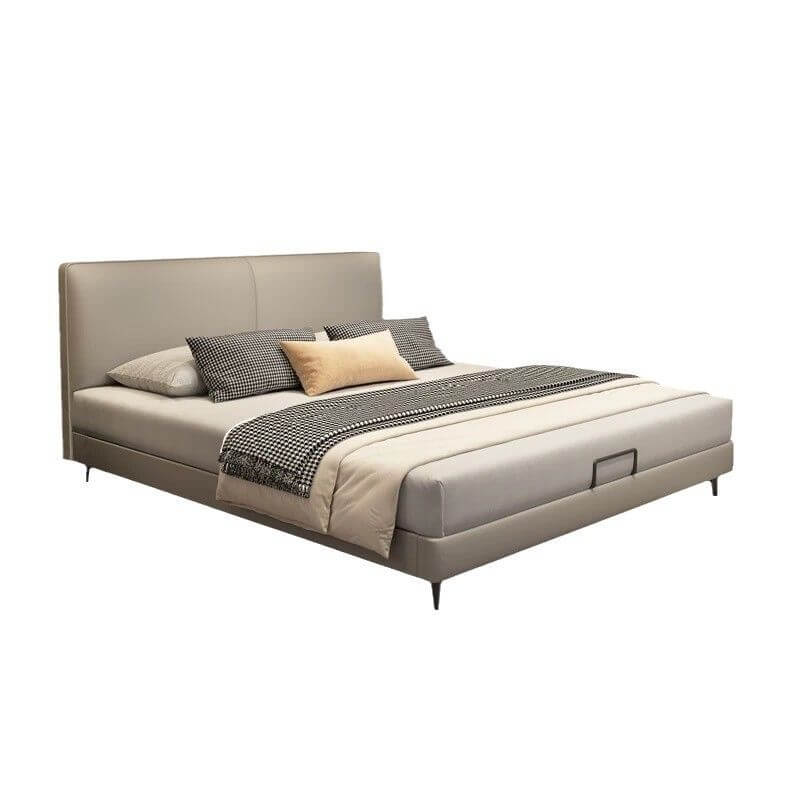 Modern Beige Panel Bed with Solid Wood Slats