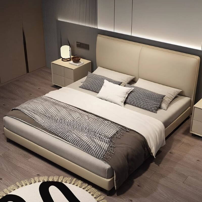 Modern Beige Panel Bed with Solid Wood Slats Main Product Image Image principale du produit