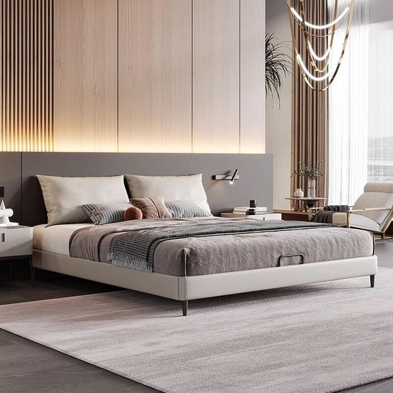 Modern Beige Panel Bed with Wood Slats and Metal Legs Secondary image