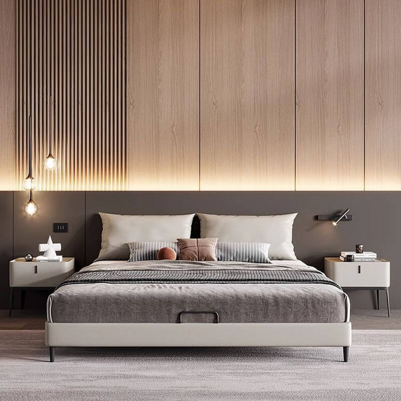 Modern Beige Panel Bed with Wood Slats and Metal Legs Main Product Image Main image