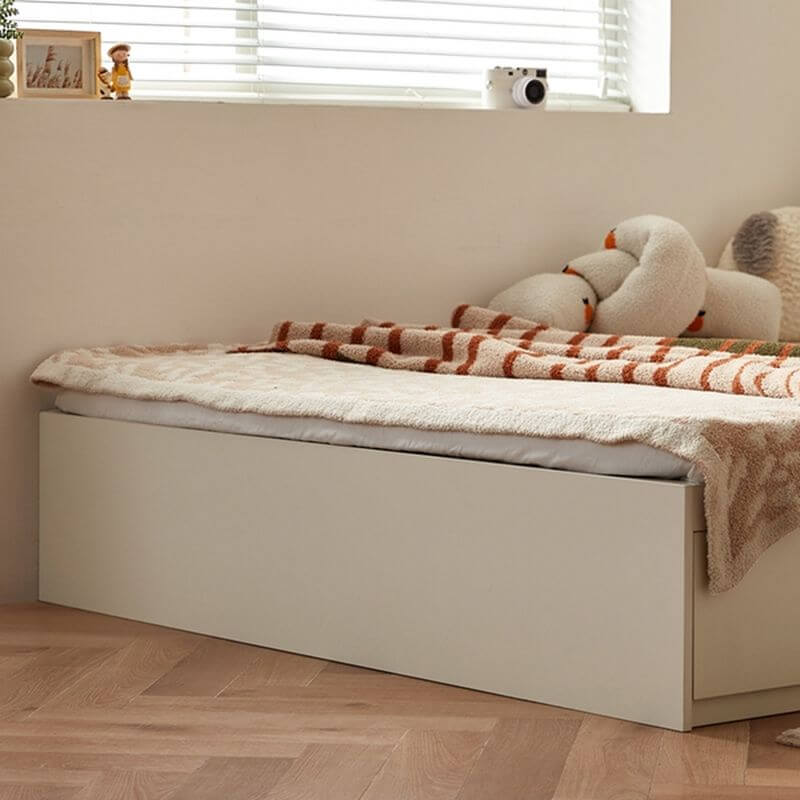 Modern Beige Storage Bed with Press-to-Open Drawers and Open Shelving