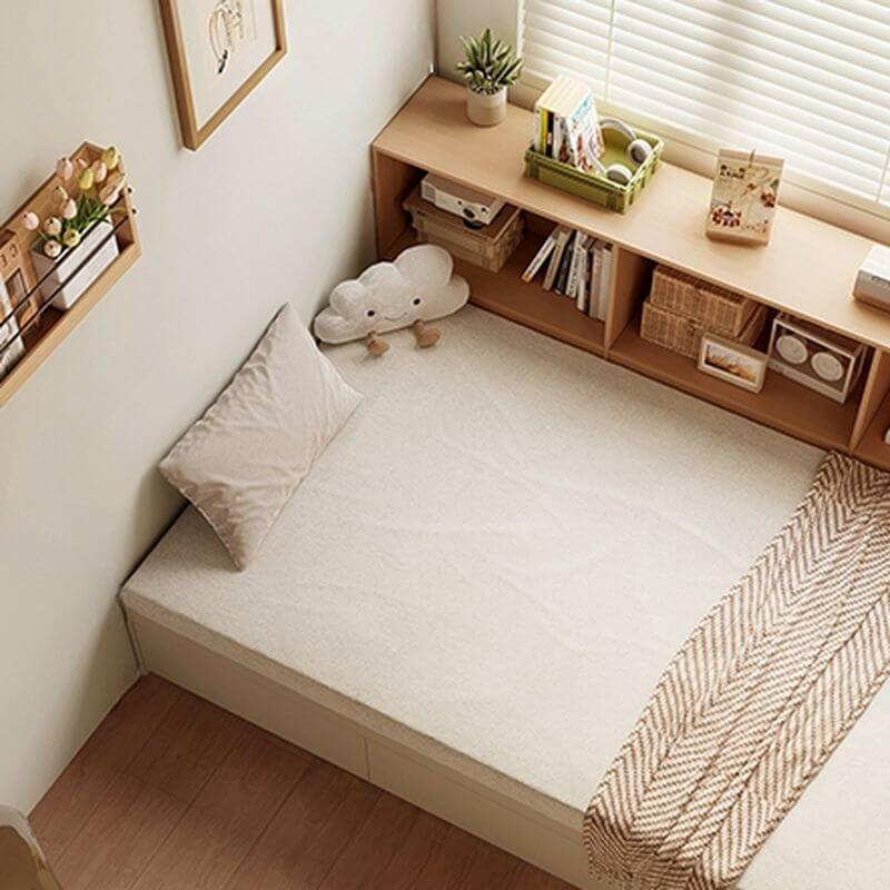 Modern Beige Storage Bed with Press-to-Open Drawers and Open Shelving