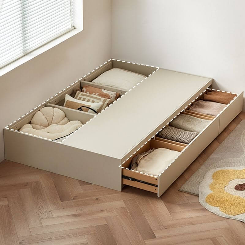 Modern Beige Storage Bed with Press-to-Open Drawers and Open Shelving