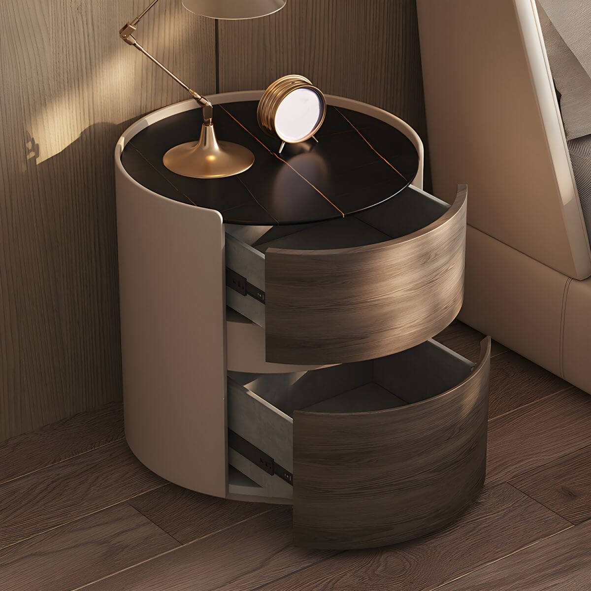 Modern Beige Wood Drawer Storage with Glass Top Nightstand