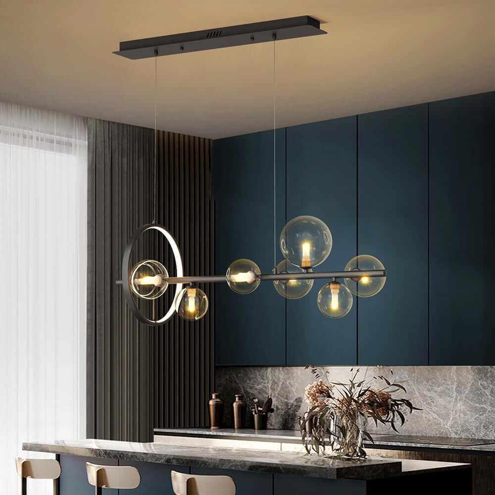 Modern Black and Gold 7-Light Glass Globe Kitchen Island Light