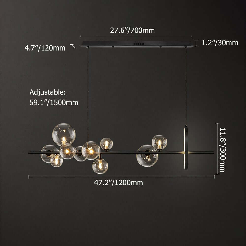 Modern Black and Gold 7-Light Glass Globe Kitchen Island Light Dimensions