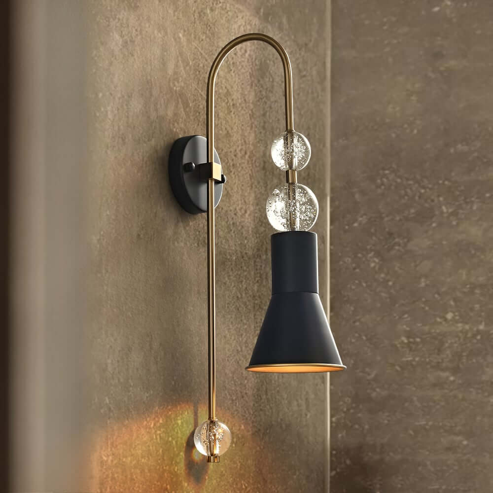 Modern Black and Gold Armed Wall Sconce with Glass Accents Main Product Image Main image