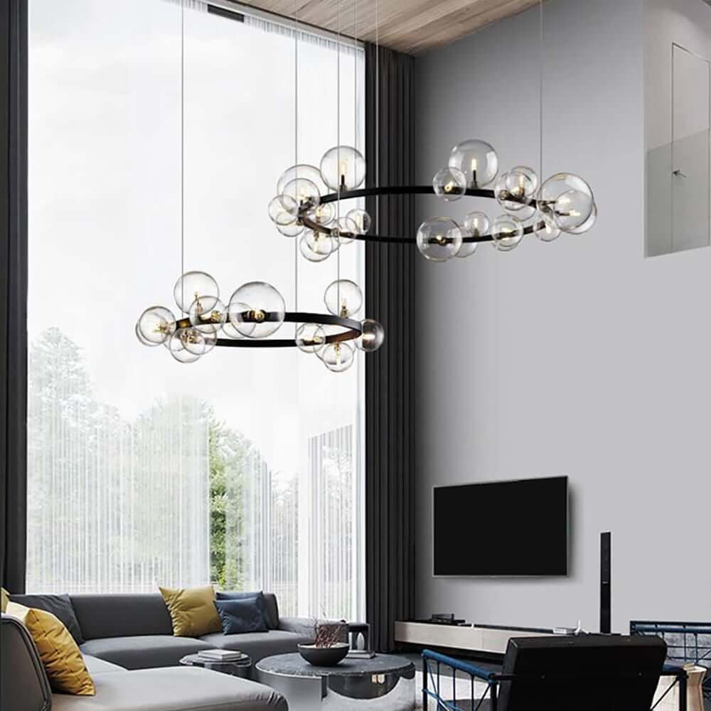 Modern Black Circle Chandelier with 15 Bubble Glass Globes