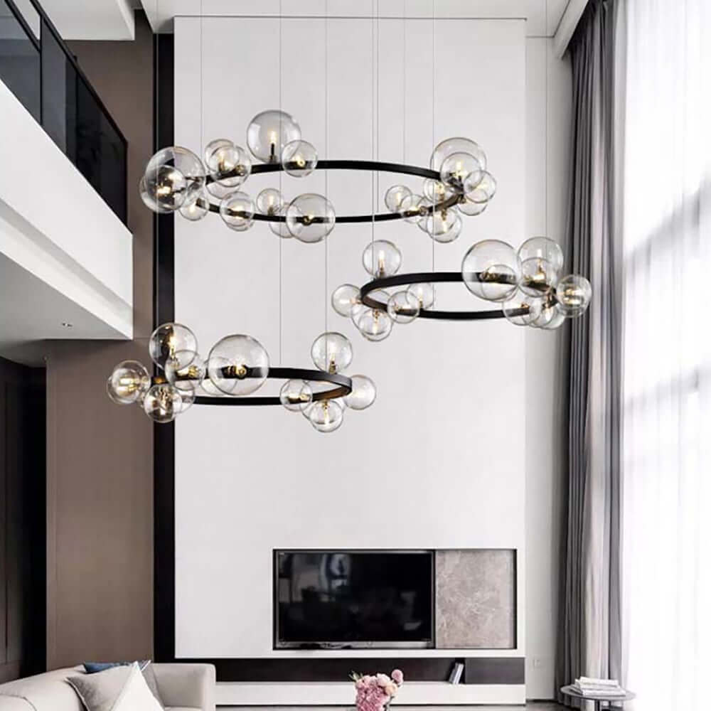 Modern Black Circle Chandelier with 15 Bubble Glass Globes