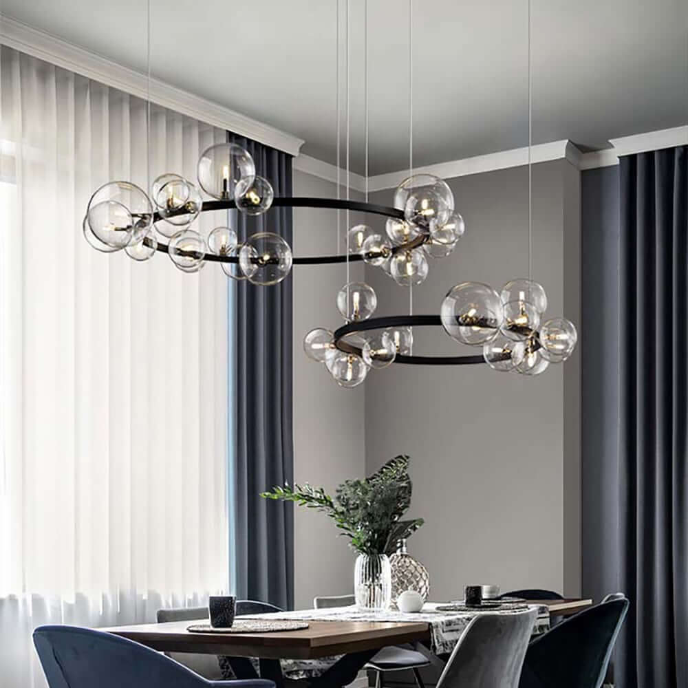 Modern Black Circle Chandelier with 15 Bubble Glass Globes