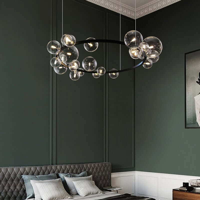 Modern Black Circle Chandelier with 15 Bubble Glass Globes