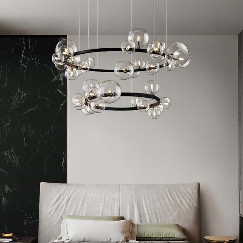 Modern Black Circle Chandelier with 15 Bubble Glass Globes