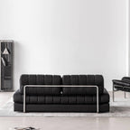Black faux leather sofa bed with stainless steel frame and pillow arms for modern living rooms