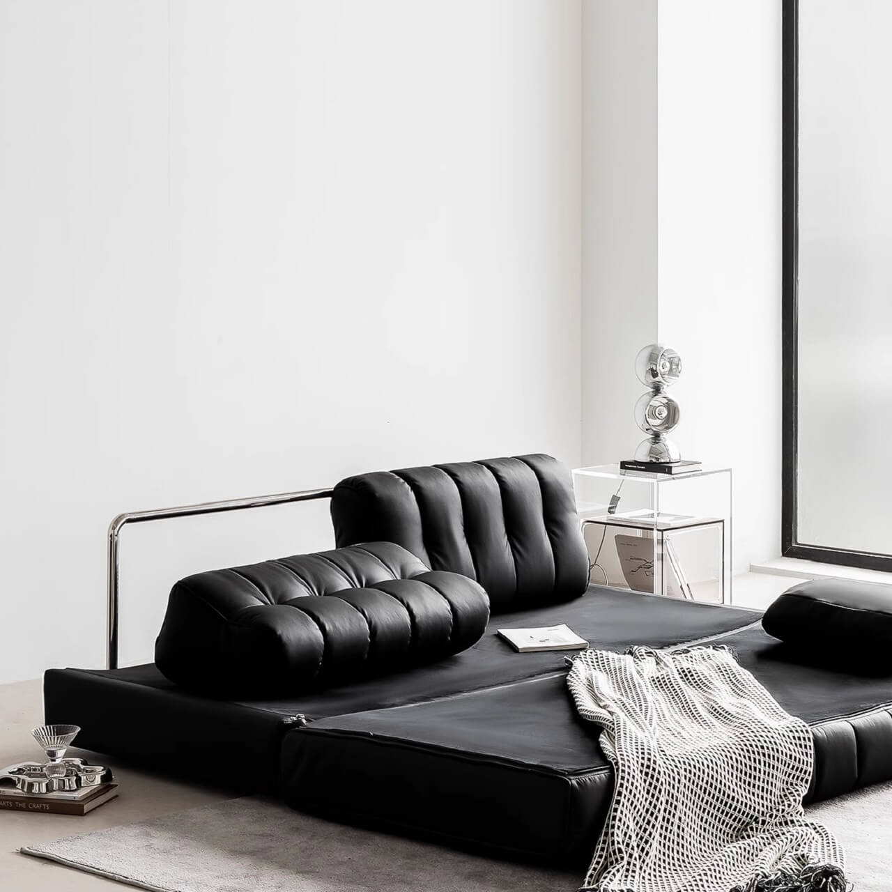 Modern Black Faux Leather Sofa Bed with Stainless Steel Frame and Pillow Arms Secondary image