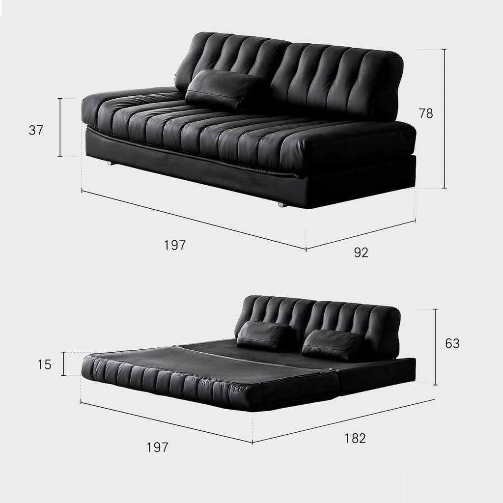 Black faux leather sofa bed with stainless steel frame and pillow arms for modern living rooms dimensions
