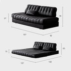 Black faux leather sofa bed with stainless steel frame and pillow arms for modern living rooms dimensions