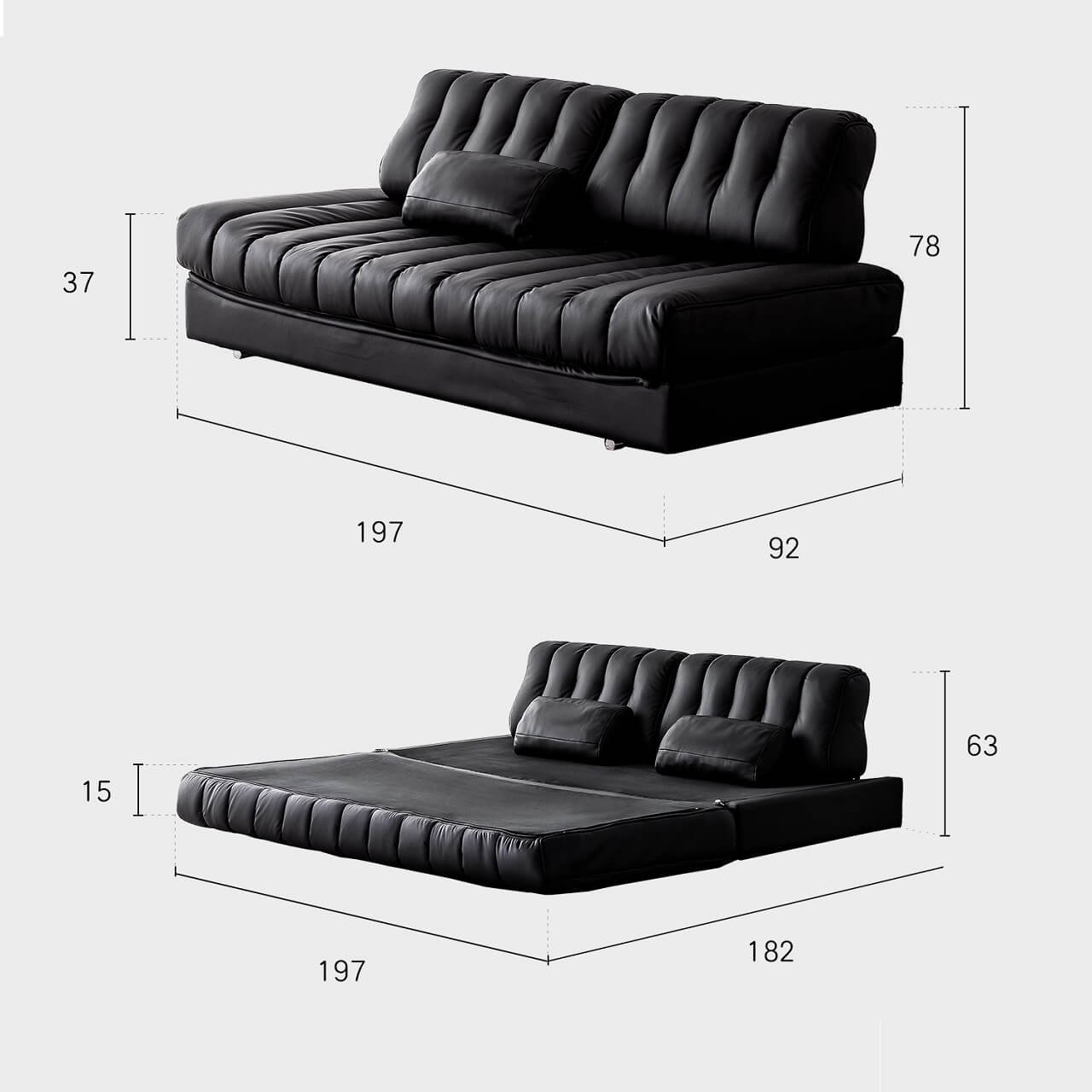 Black faux leather sofa bed with stainless steel frame and pillow arms for modern living rooms dimensions