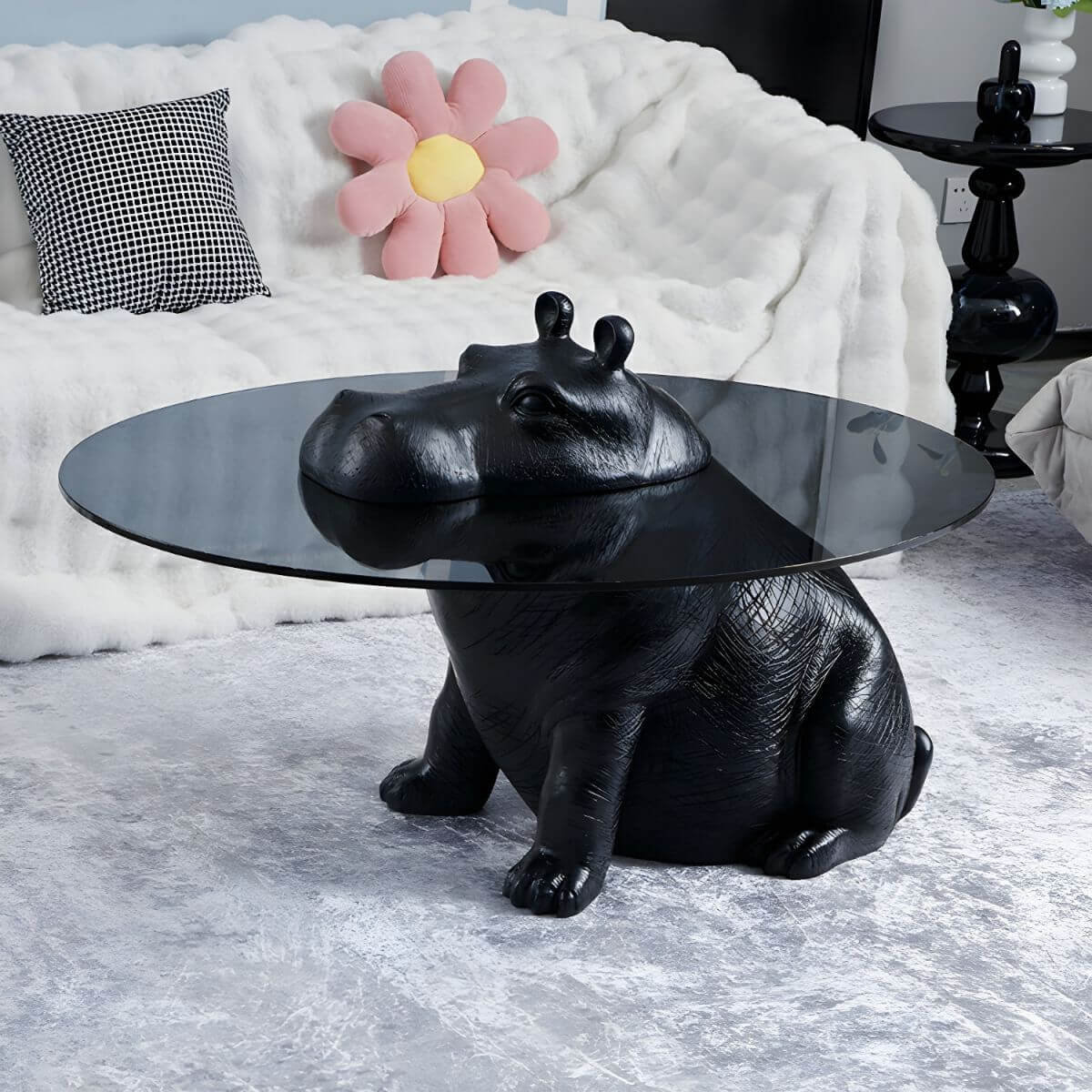 Modern Black Glass Coffee Table with Figurine Fiberglass Base Secondary image
