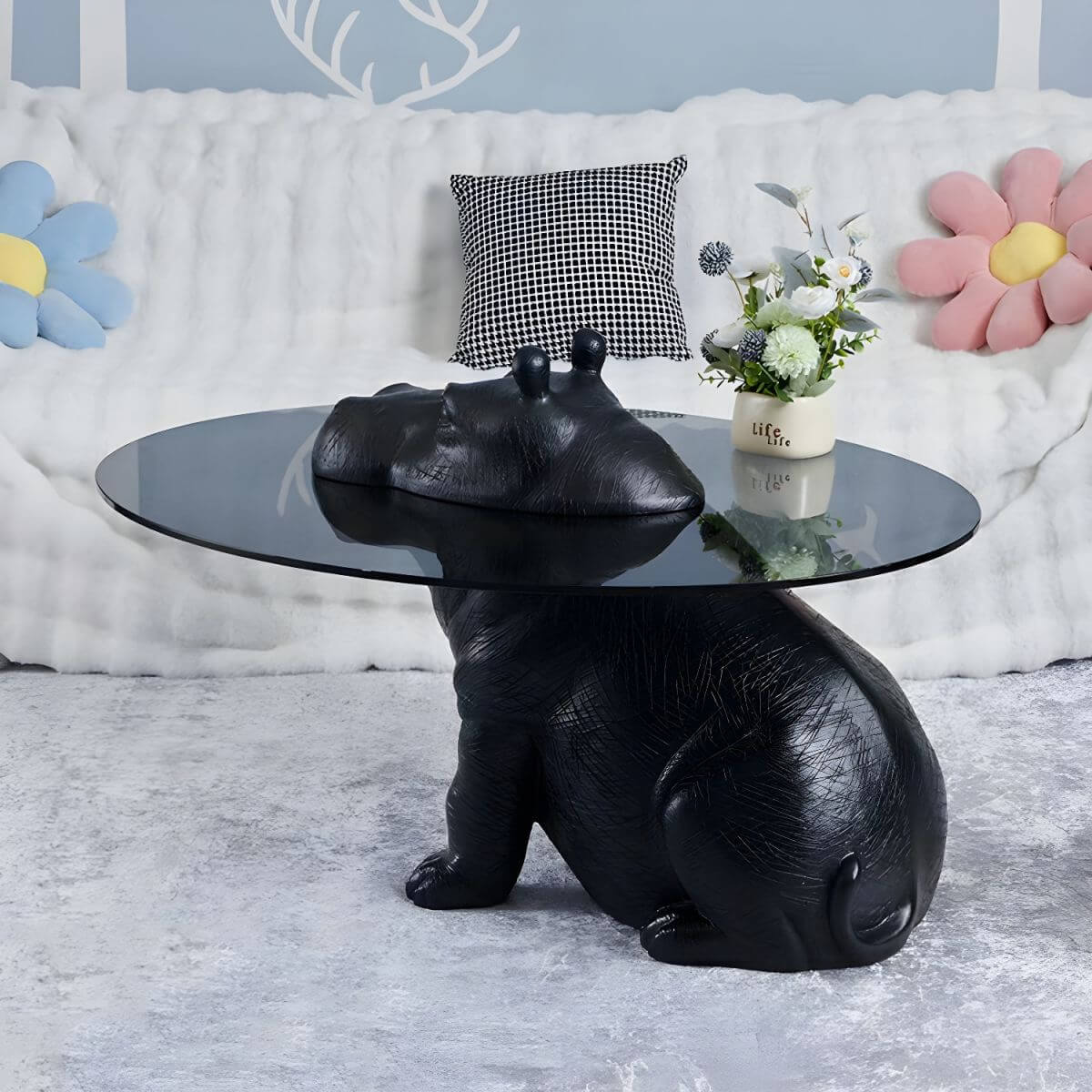 Modern Black Glass Coffee Table with Figurine Fiberglass Base Main Product Image Main image