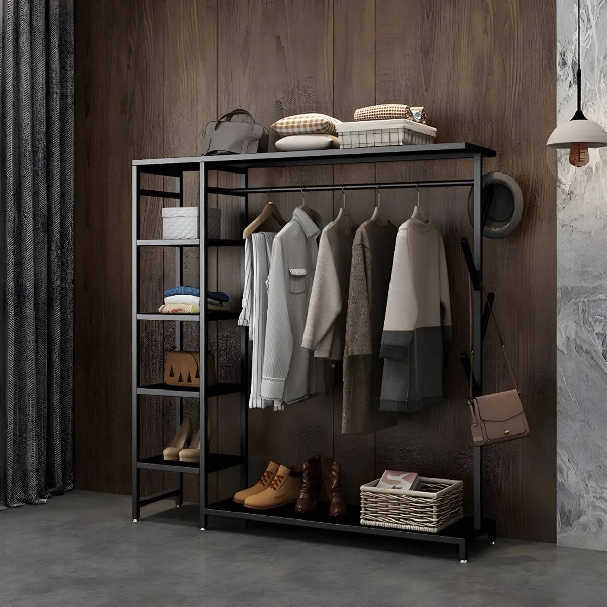 Modern Black & Gold Metal Hall Tree with Shelves and Hooks