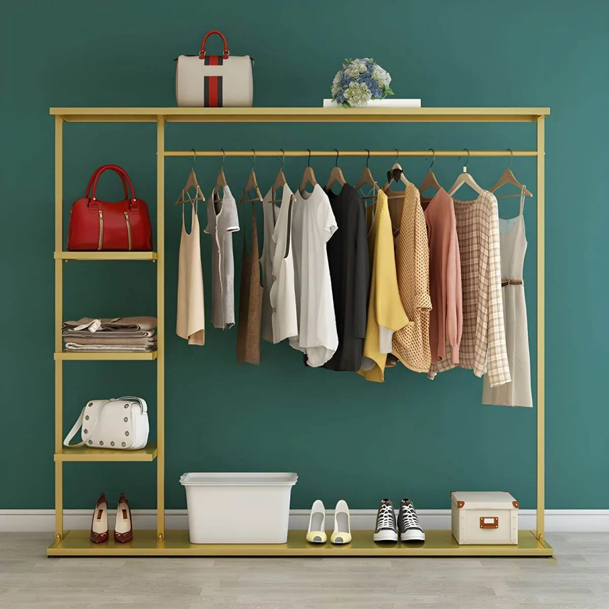 Modern Black & Gold Metal Hall Tree with Shelves and Hooks
